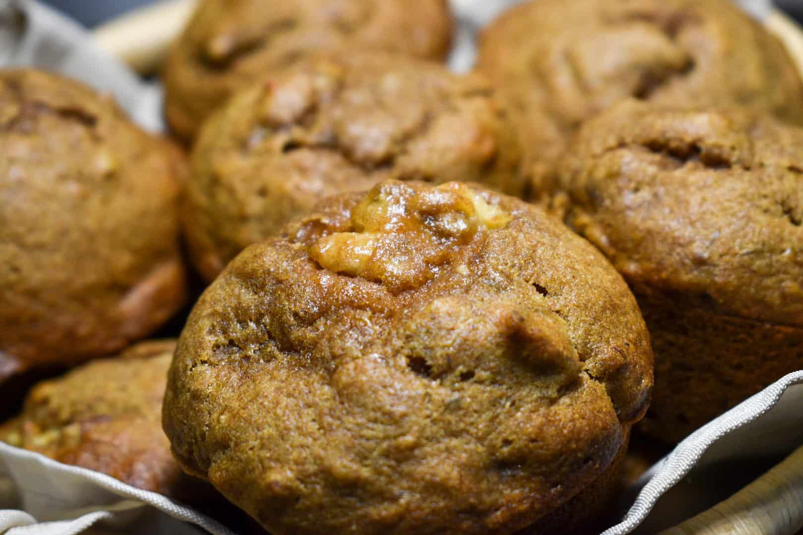 whole wheat banana nut muffins close up picture