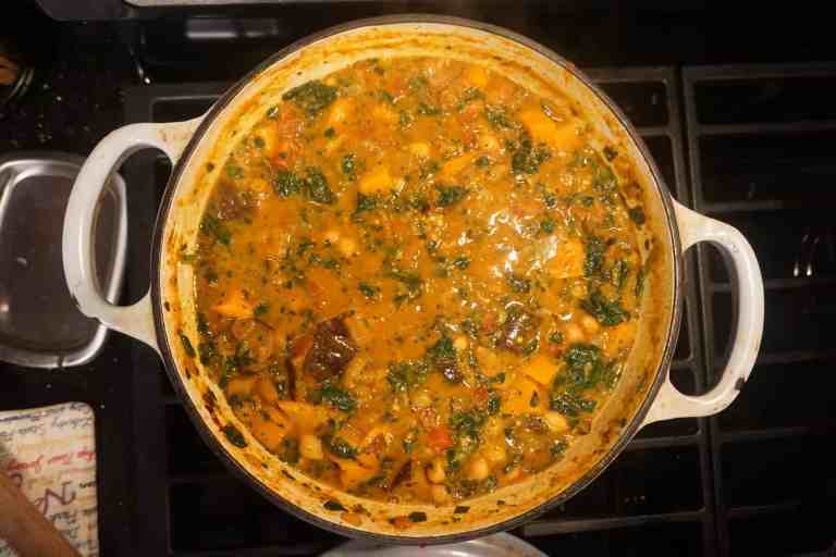 overhead shot of sweet potato and chickpea stew loaded with other vegetables
