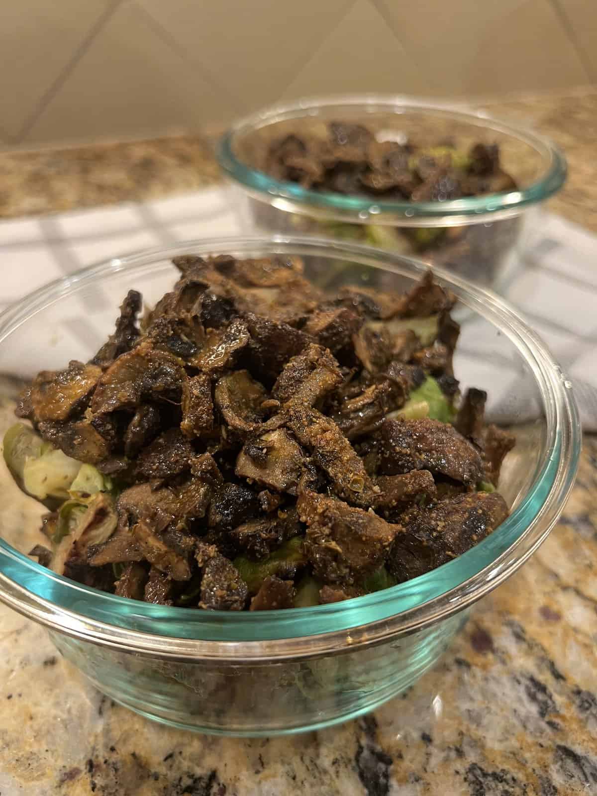 crispy roasted mushrooms in a glass bowl