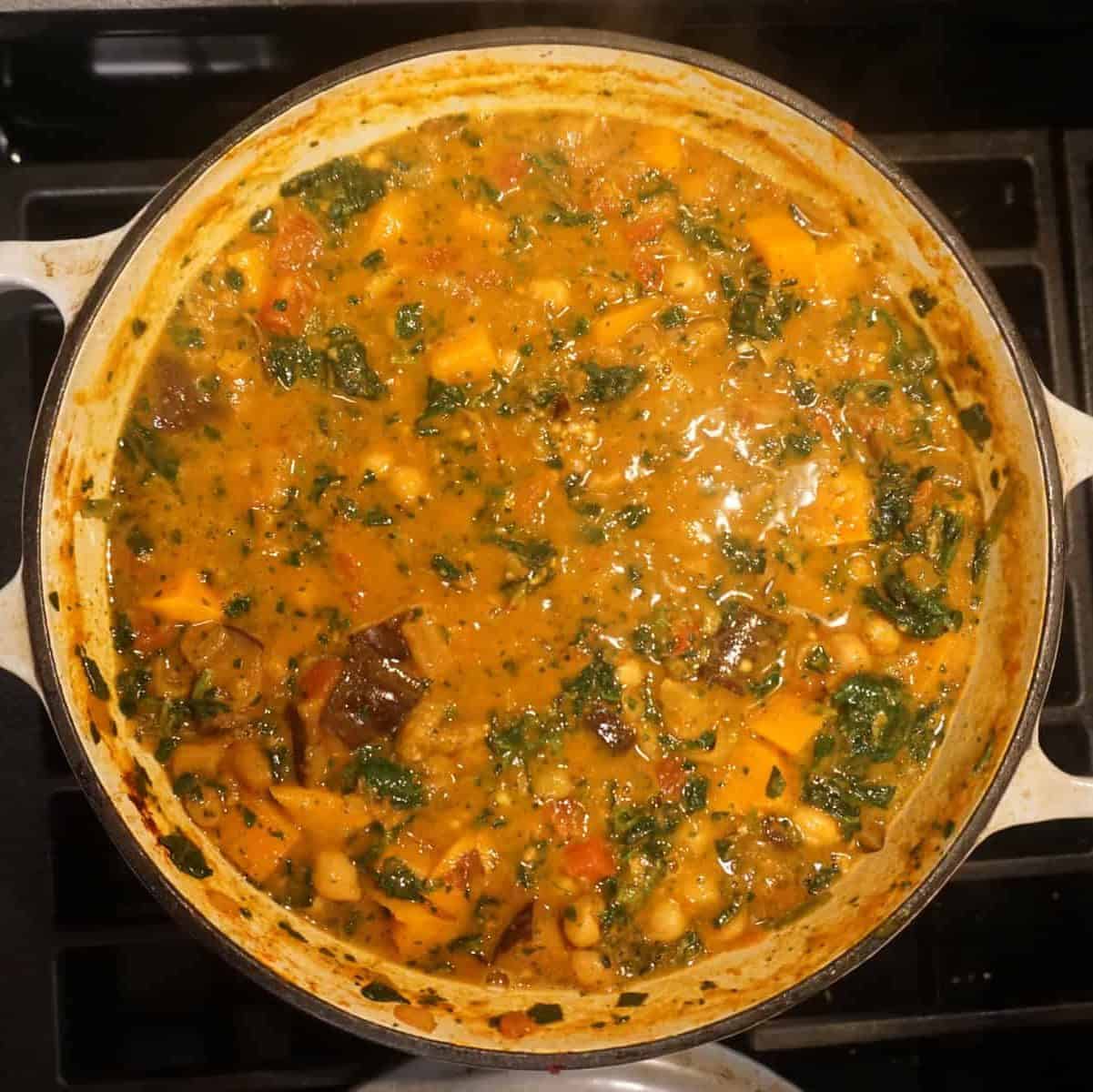 overhead shot of sweet potato and chickpea stew loaded with other vegetables