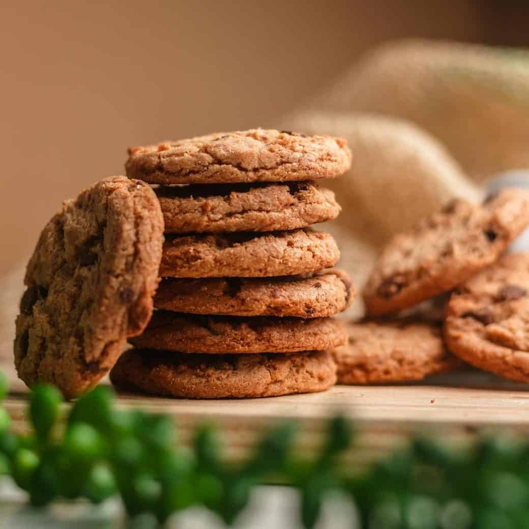 close up of a pile of chocolate chip cookies