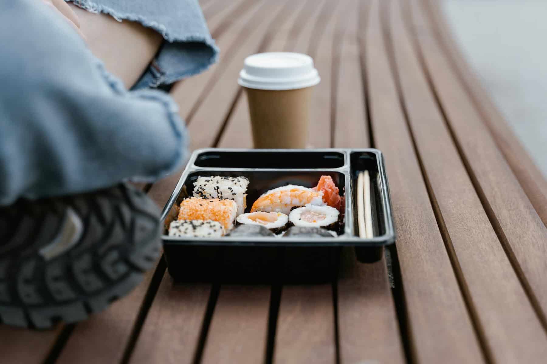 fresh sushi on bento box as an eco friendly meal prep container