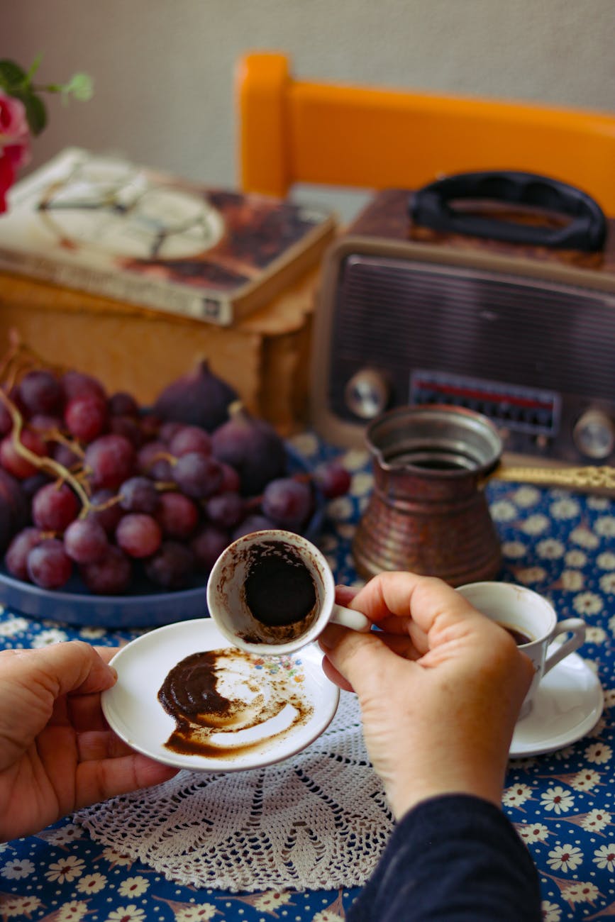 vintage coffee reading with grapes and radio