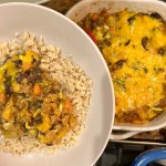 lentil casserole with cheese served over rice