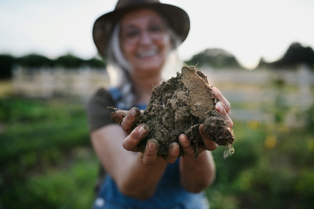 farmer showing healthy soil is a sustainable agriculture practice