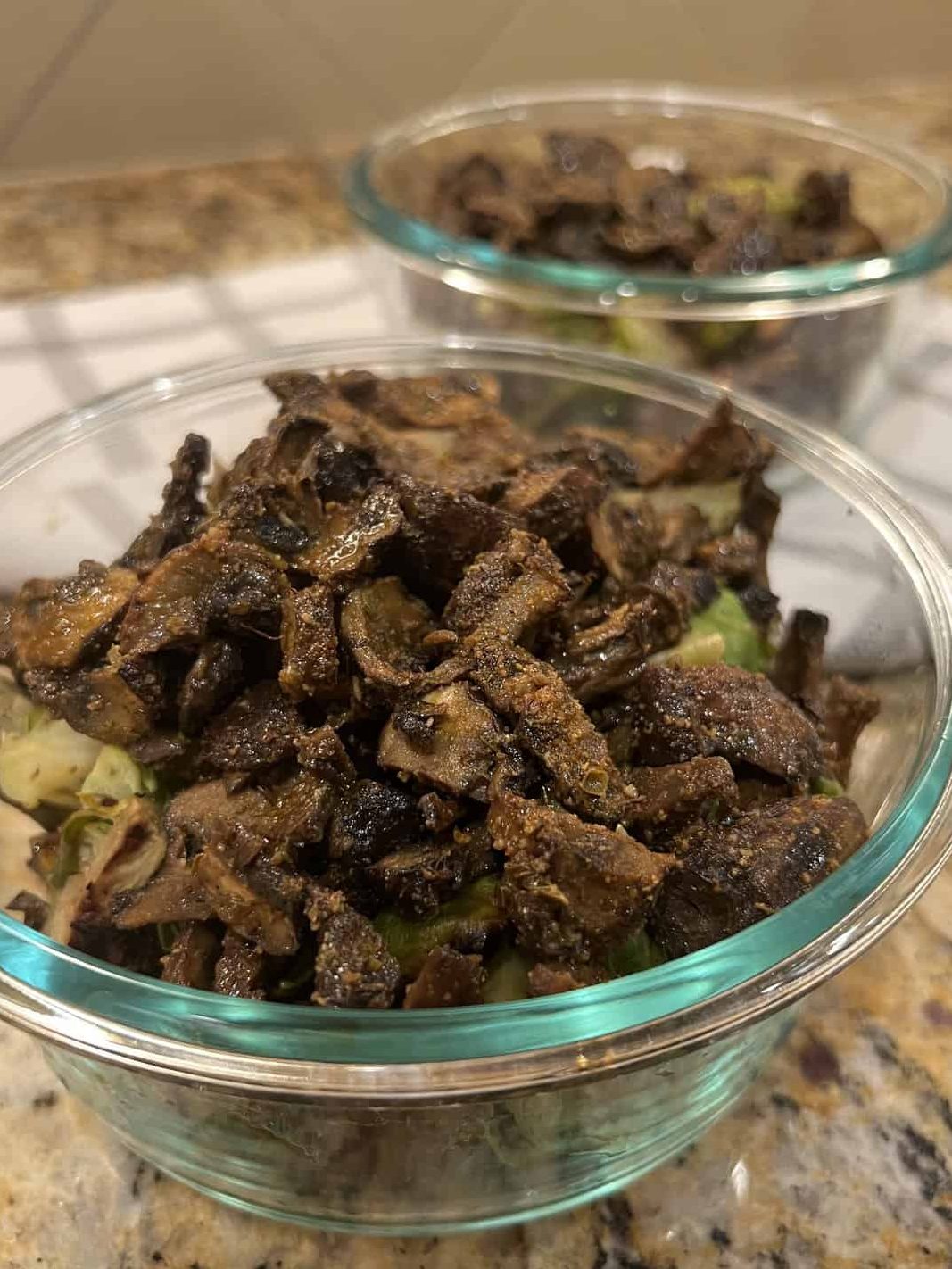 crispy roasted mushrooms in a glass bowl