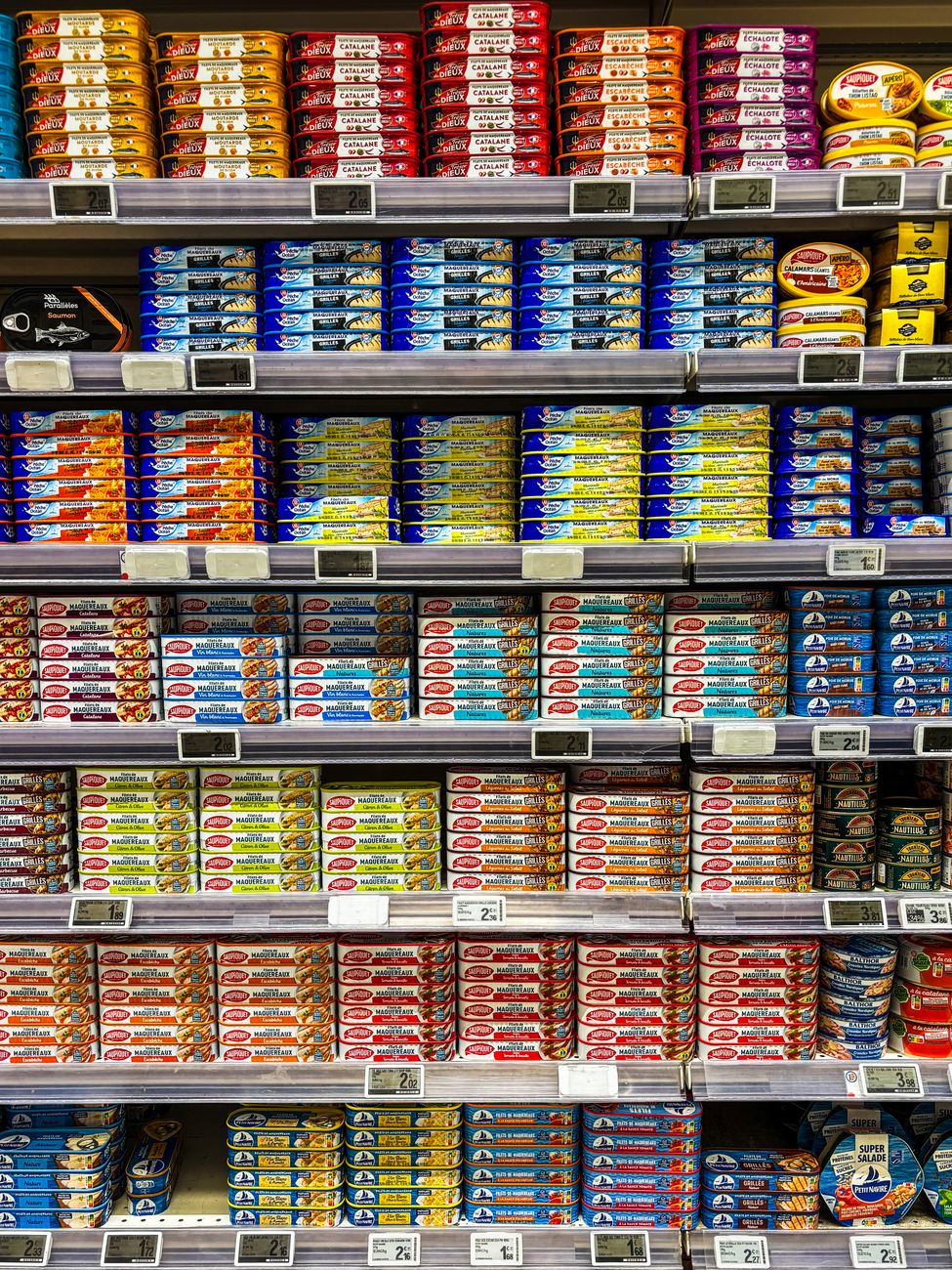 colorful canned goods display of tinned fish in french supermarket